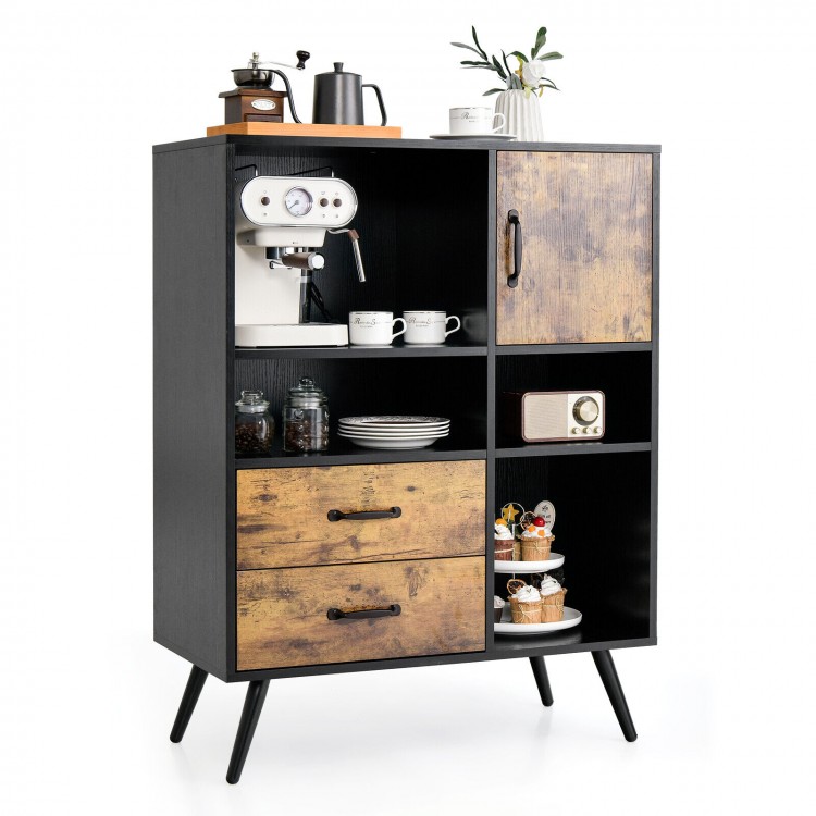 Industrial buffet sideboard with a single-door cabinet and two drawers, offering stylish storage for kitchen essentials.