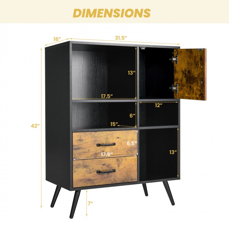 Industrial buffet sideboard with rustic brown drawers, showcasing dimensions and design features for kitchen storage.