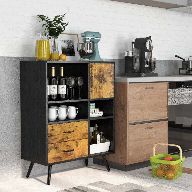 Industrial buffet sideboard in rustic brown with cubbies and drawers, perfect for kitchen storage and organization.