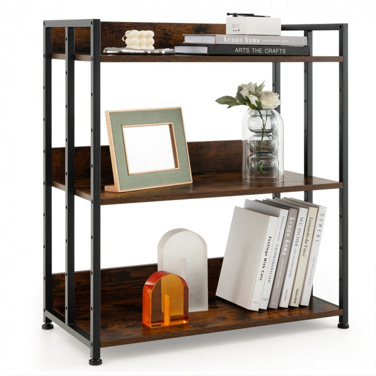Three-tier industrial bookshelf with adjustable shelves, durable engineered wood, and sturdy metal frame for versatile.