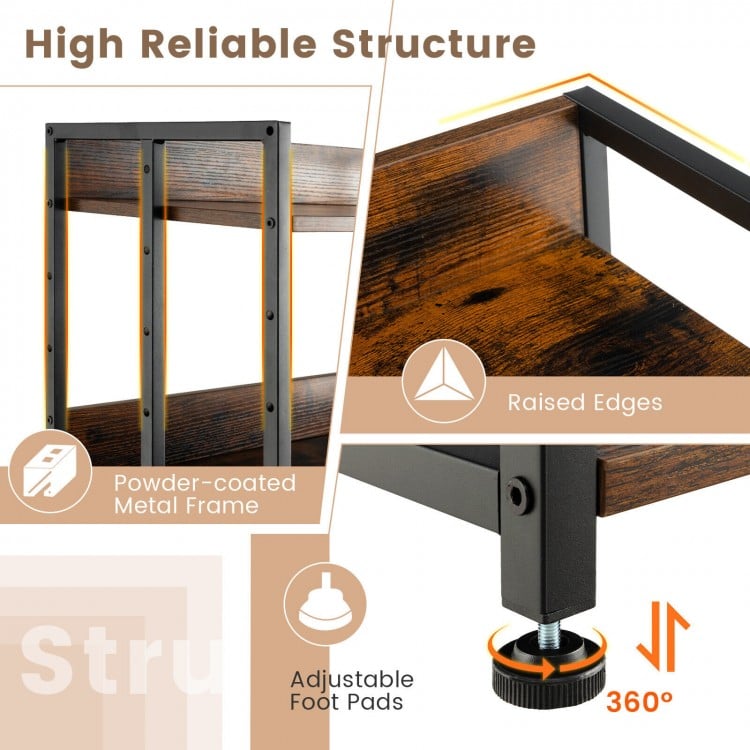 Close-up of the adjustable foot pads and raised edges on the 3-tier industrial bookshelf with a sturdy metal frame.