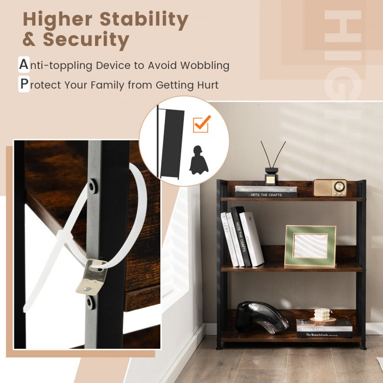 3-tier industrial bookshelf with adjustable shelves, sturdy metal frame, and anti-toppling device for enhanced.