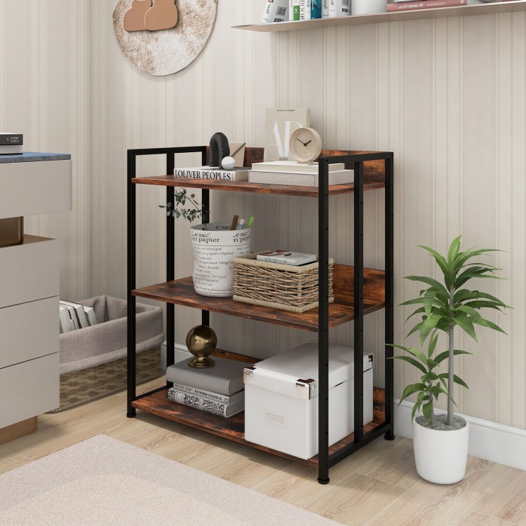 Three-tier industrial bookshelf with a stylish wood finish and adjustable shelves, ideal for home organization and.