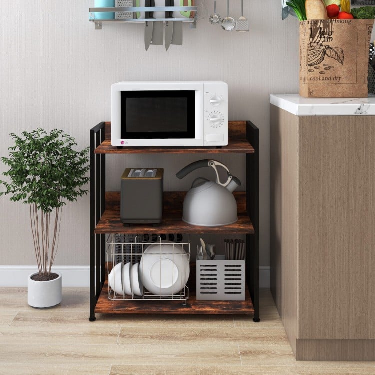 Three-tier industrial bookshelf storage rack with adjustable shelves, featuring a durable wood finish and sturdy metal.