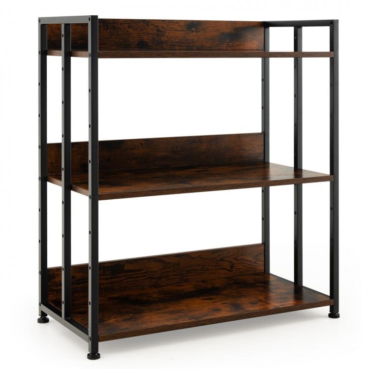Side view of the 3-tier industrial bookshelf showcasing thick engineered wood shelves and a robust powder-coated metal.