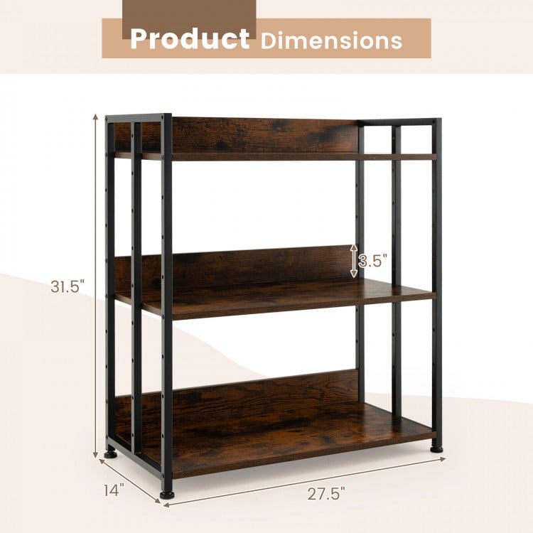 3-tier industrial bookshelf with adjustable shelves, sturdy metal frame, and raised edges for stability and protection.