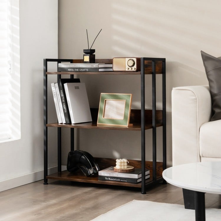 Industrial 3-tier bookshelf featuring thick engineered wood and a sleek metal frame, ideal for stylish home storage.