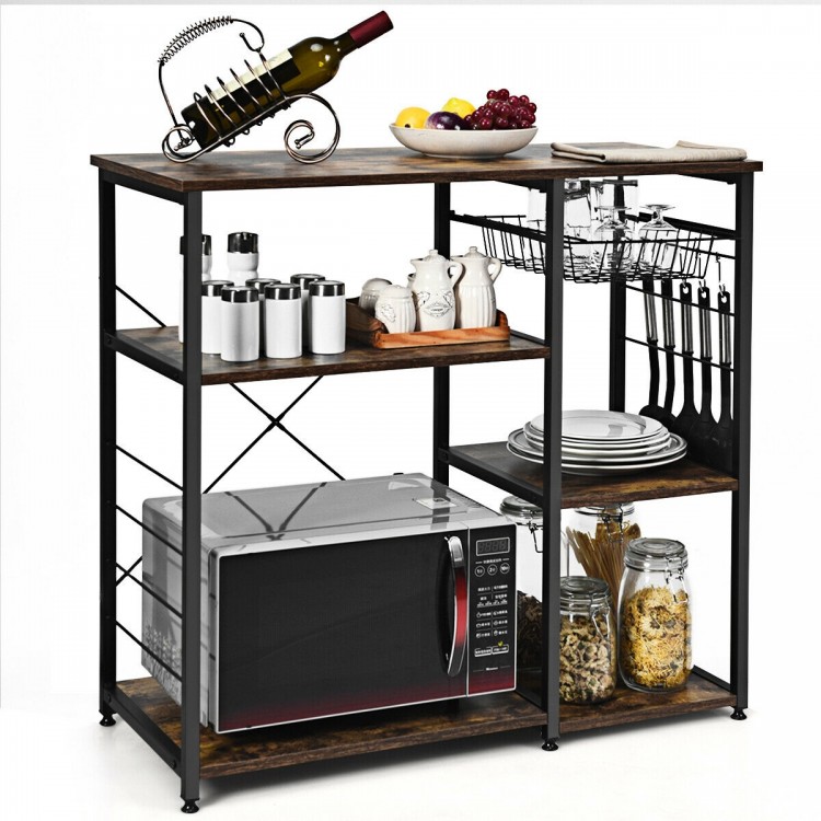 Industrial kitchen baker's rack showcasing pull-out wire baskets and adjustable feet for stability on uneven surfaces.