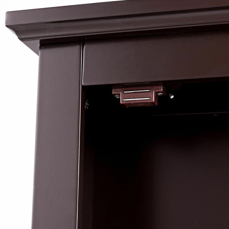 Close-up of the magnetic lock on the brown wall-mounted mirror medicine cabinet, ideal for bathroom storage.