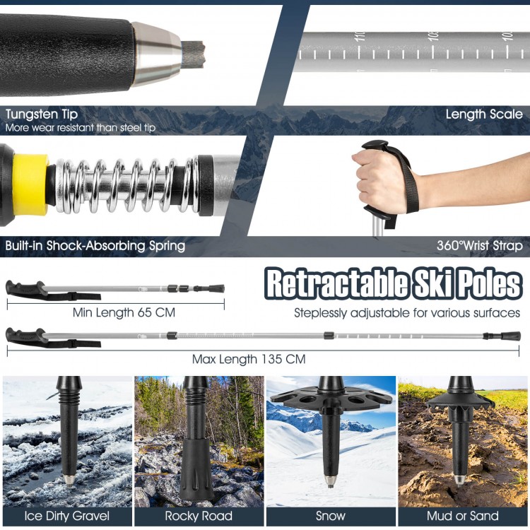 Retractable ski poles with tungsten tip and length scale, adjustable from 65cm to 135cm for various terrains.