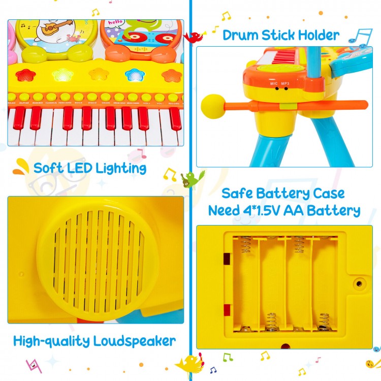 Colorful 24-key piano keyboard with drum stick holder, LED lights, and high-quality loudspeaker for kids' musical fun.