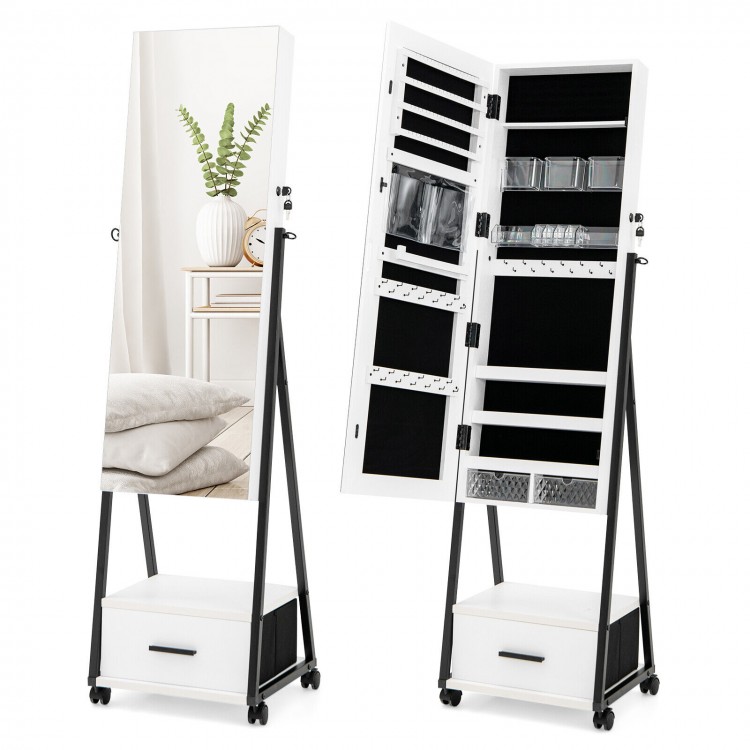 Jewelry cabinet with full-length mirror, white MDF and steel frame, featuring large storage and lockable wheels for.