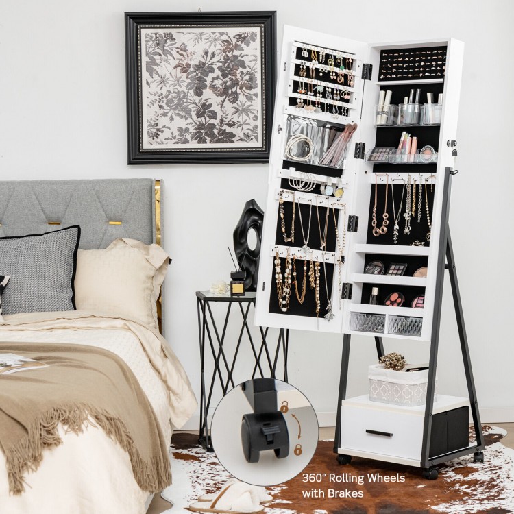 Jewelry cabinet with full-length mirror, white MDF, large storage, and lockable wheels for easy mobility and.