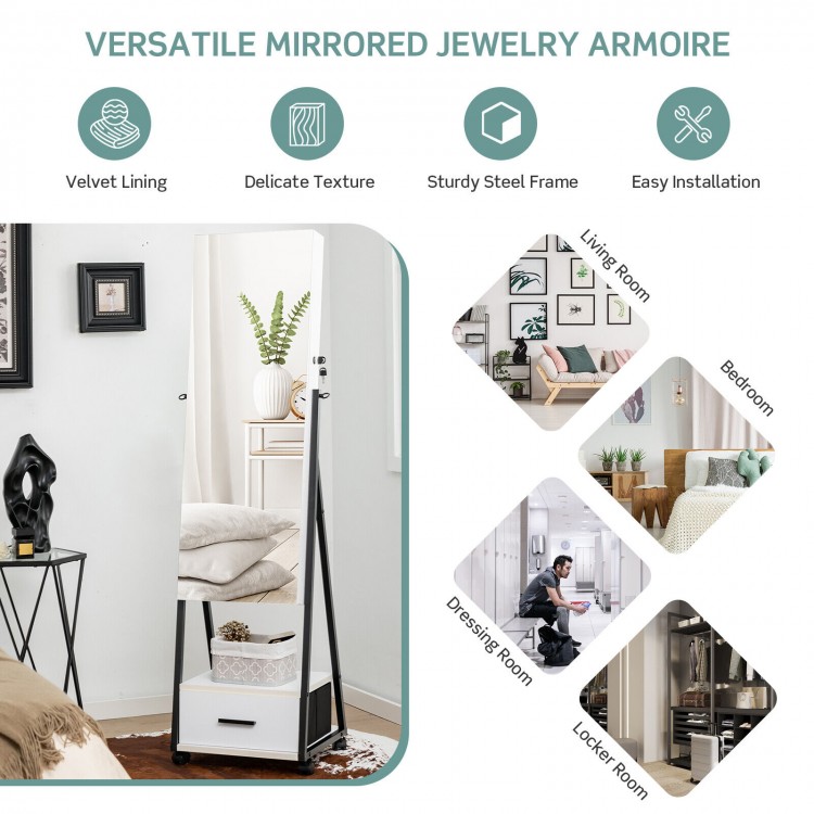 Jewelry cabinet with full-length mirror, white MDF, velvet lining, large storage, ideal for bedroom or dressing room.