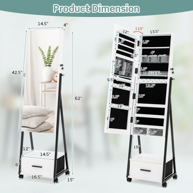 Jewelry cabinet with full-length mirror, white MDF, large storage, lockable wheels, ideal for space-saving organization.