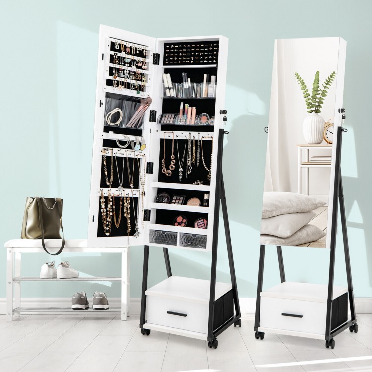 Jewelry cabinet with full-length mirror, multiple storage partitions, and lockable wheels for easy mobility and.