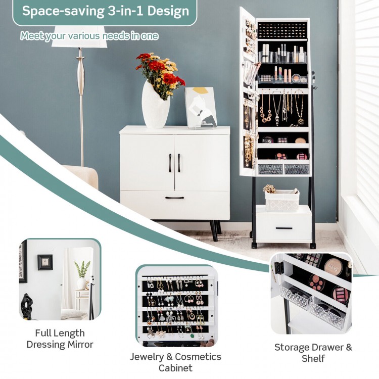 Jewelry cabinet with full-length mirror, large storage, and lockable drawer, perfect for space-saving organization.