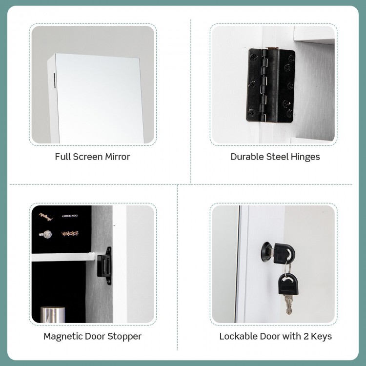 Jewelry cabinet with full-length mirror, lockable door, and durable steel hinges for secure storage and easy access.