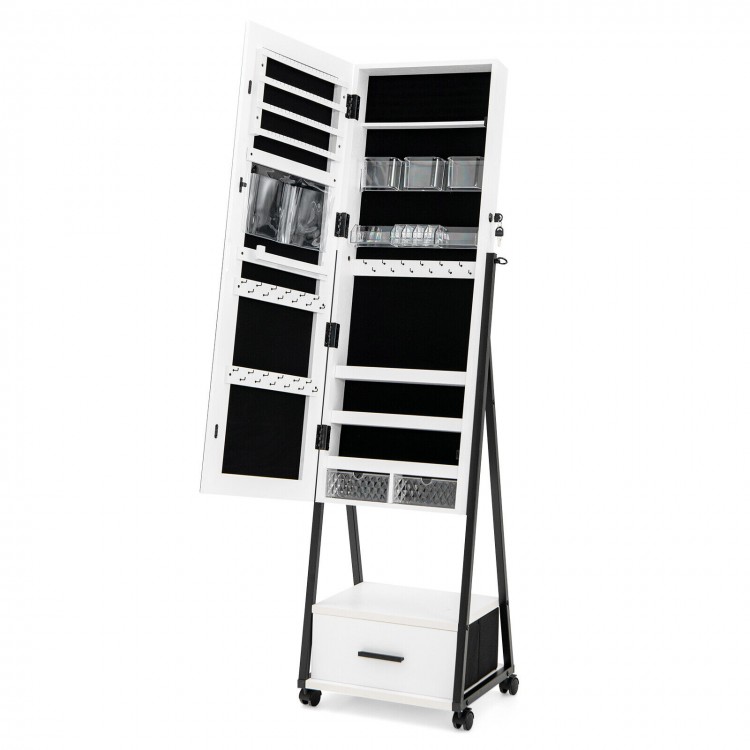 Jewelry cabinet with open door revealing storage compartments, white MDF and steel frame, ideal for organized jewelry.