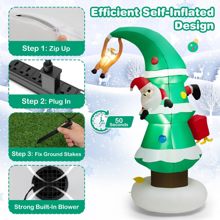 8-foot inflatable Christmas tree with Santa, made of waterproof polyester, features LED lights and includes ground.