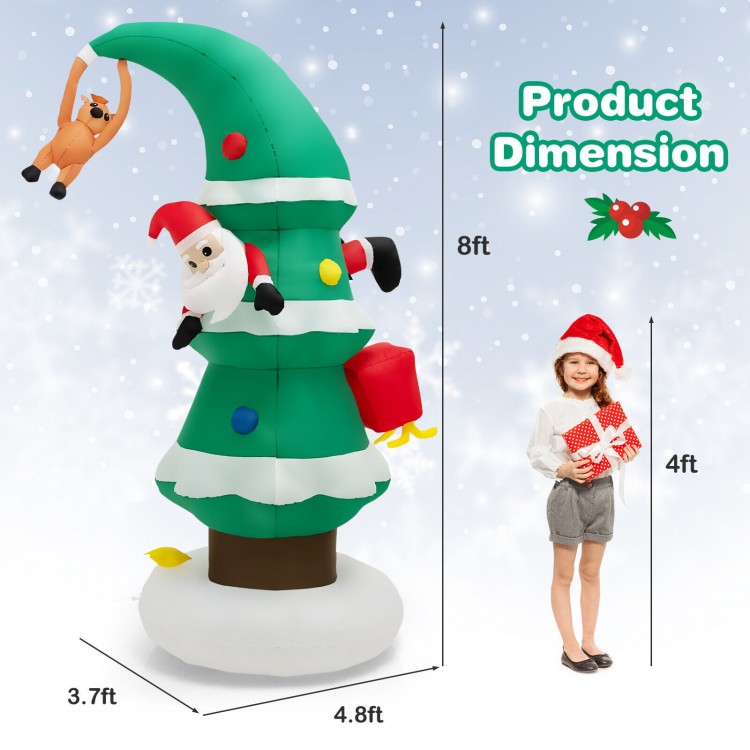 Inflatable 8ft Christmas tree with Santa and animal, made of waterproof polyester, perfect for holiday decoration.