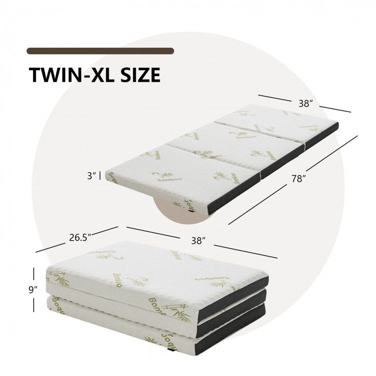 Portable tri-fold memory foam mattress topper in Twin-XL size, featuring a bamboo cover for cooling comfort and easy.