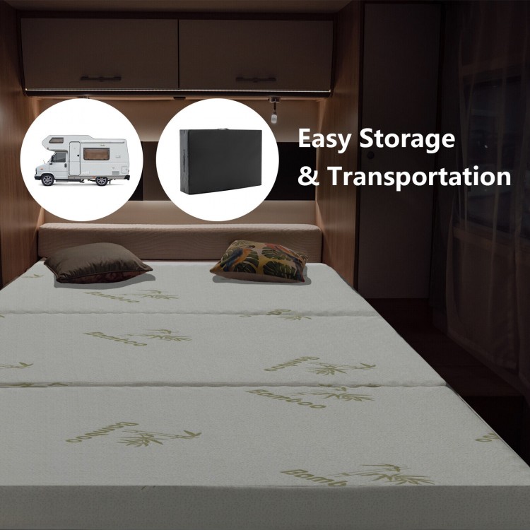 Tri-fold memory foam mattress topper with bamboo cover, ideal for RVs and camping, includes carrying bag for easy.