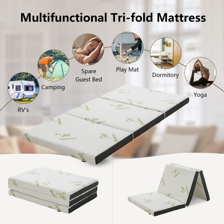 Tri-fold memory foam mattress with bamboo cover, ideal for camping, yoga, or as a portable bed with carrying bag.
