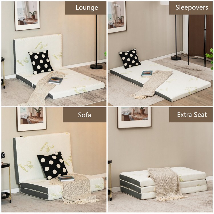 Tri-fold memory foam mattress shown in lounge and sofa configurations, featuring breathable bamboo cover for comfort.