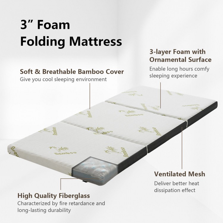 Tri-fold 3-inch memory foam mattress with breathable bamboo cover, ideal for portable sleeping and lounging.