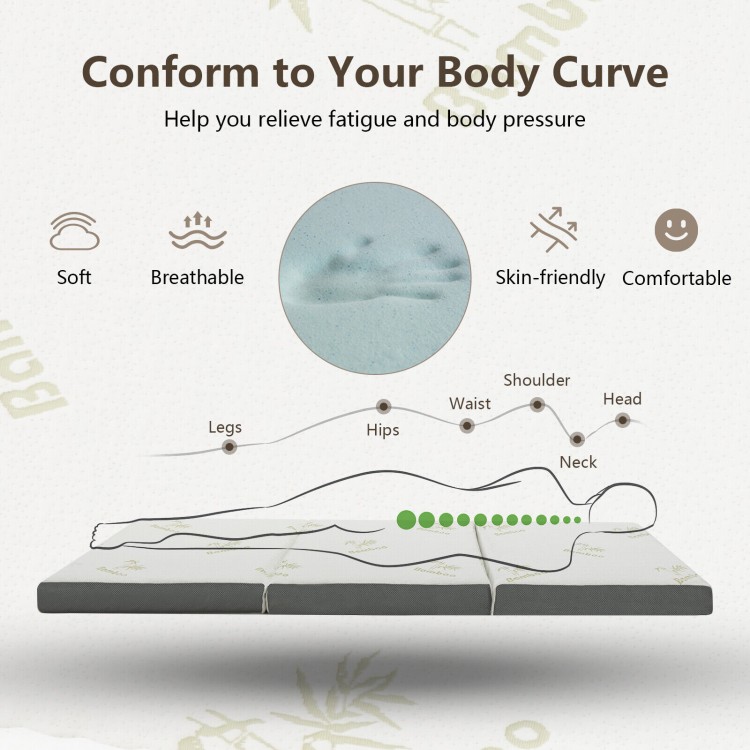 Tri-fold memory foam mattress topper with bamboo cover, designed for comfort and pressure relief, ideal for camping and.