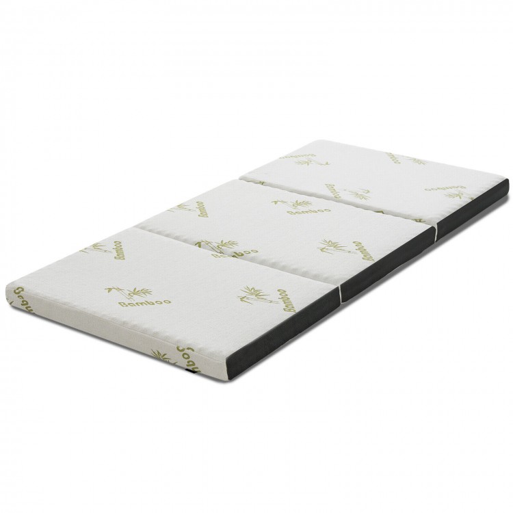Tri-fold memory foam mattress topper with bamboo cover, ideal for portable sleeping, lounging, and camping.