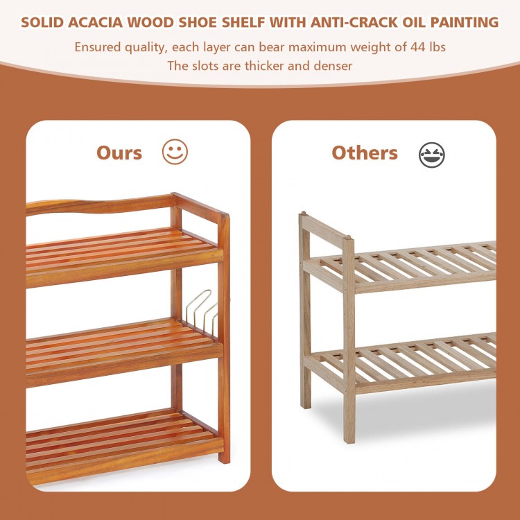 2-tier acacia wood shoe rack with 4 side metal hooks, ideal for compact storage in entryway or bedroom, holds up to 110.
