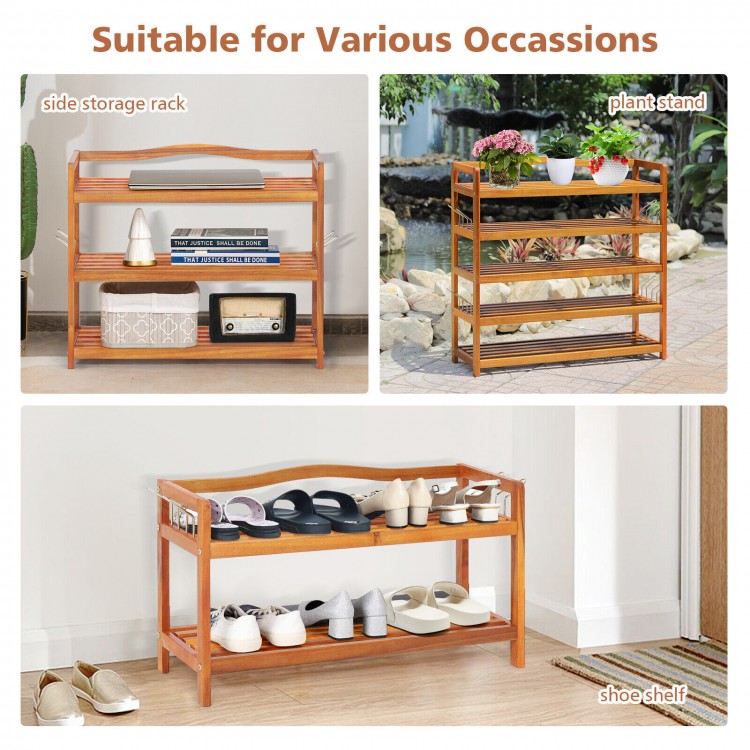 2-tier acacia wood shoe rack with 4 side metal hooks, ideal for shoe storage in entryway or bedroom, holds up to 110.