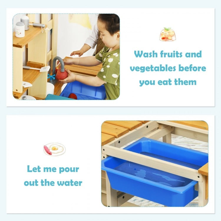 Kids outdoor wooden kitchen playset with blue basin and faucet, perfect for imaginative cooking and outdoor fun.