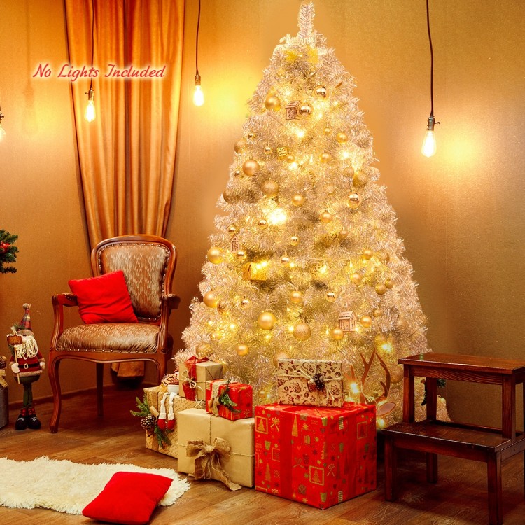 6 feet unlit silver tinsel Christmas tree with 1036 branch tips, ideal for indoor decoration during the holiday season.