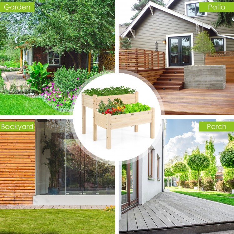2 Tier Wooden Elevated Planter Box made of fir wood, featuring drainage holes, ideal for patio or backyard gardening.