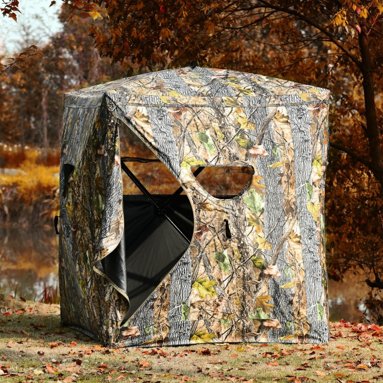 3-person portable tent with camouflage design, featuring multiple windows for visibility and easy setup for outdoor use.