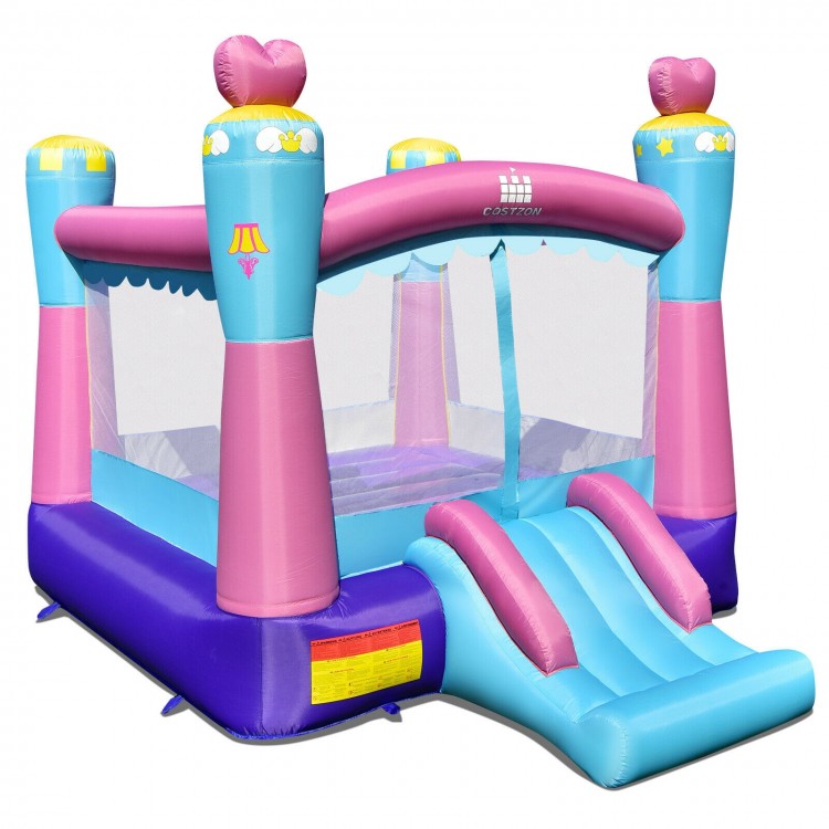 Princess theme inflatable bounce house with slide, basketball rim, and mesh walls for safe indoor or outdoor fun.