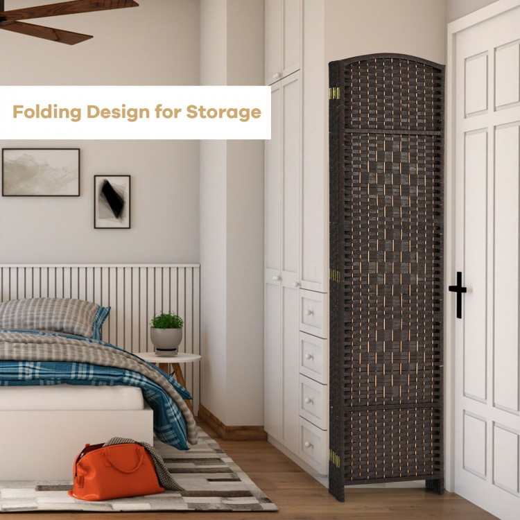 6-panel brown weave folding room divider screen with sturdy poplar frame for privacy in any decor setting.