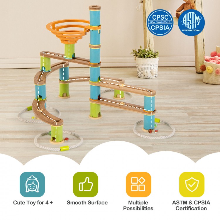 Bamboo Build Run Toy with marbles, featuring 106 pieces for creative play, safe materials, and ASTM certification for.
