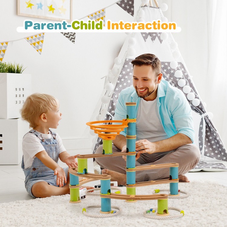 Bamboo marble run toy set with 106 pieces, promoting parent-child interaction and early engineering skills.