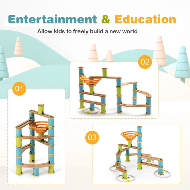 Bamboo marble run toy set with 106 pieces, designed for kids over 4 to enhance creativity and engineering skills.