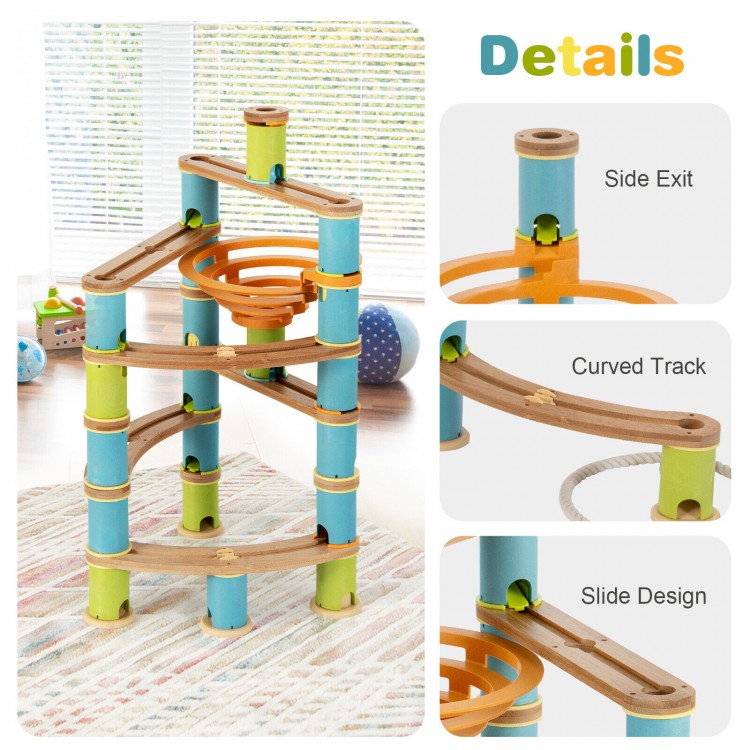 Bamboo marble run toy set featuring curved tracks and slide design, ideal for kids' creativity and engineering skills.