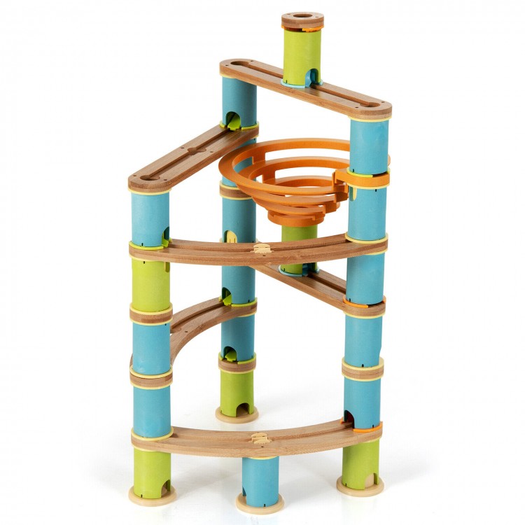Bamboo marble run toy set with 106 pieces, featuring colorful tubes and a funnel for creative play and engineering.