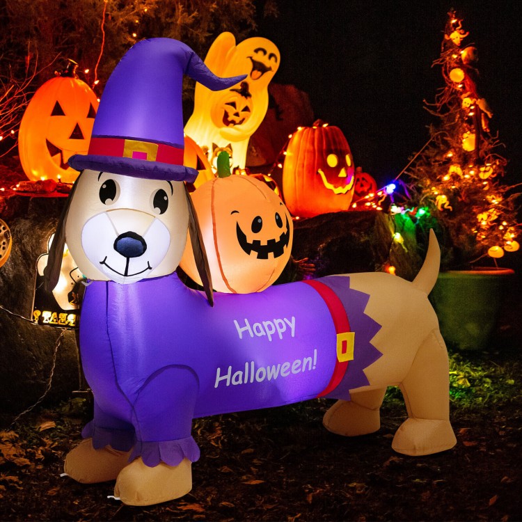 Inflatable 5-foot Halloween dachshund dog with pumpkin, featuring LED lights for festive outdoor decoration.