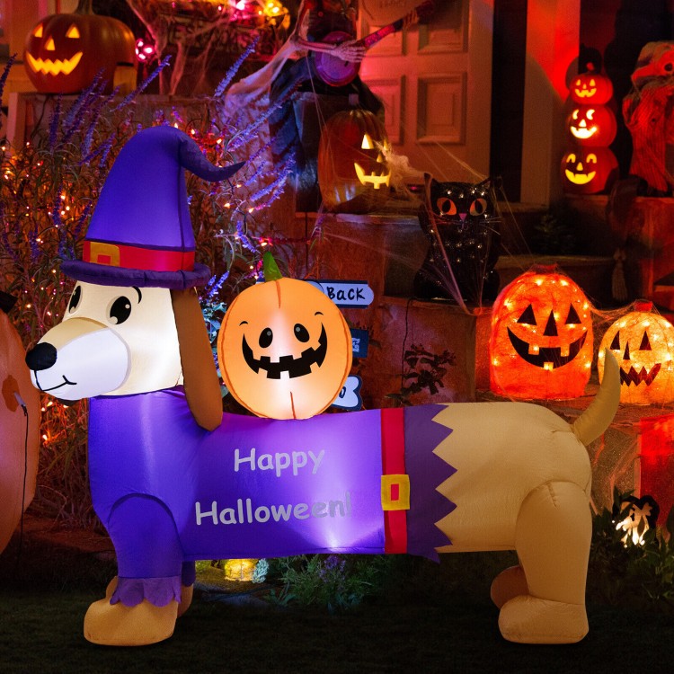 5-foot inflatable dachshund dog with pumpkin, featuring glowing LED lights, perfect for Halloween yard decoration.