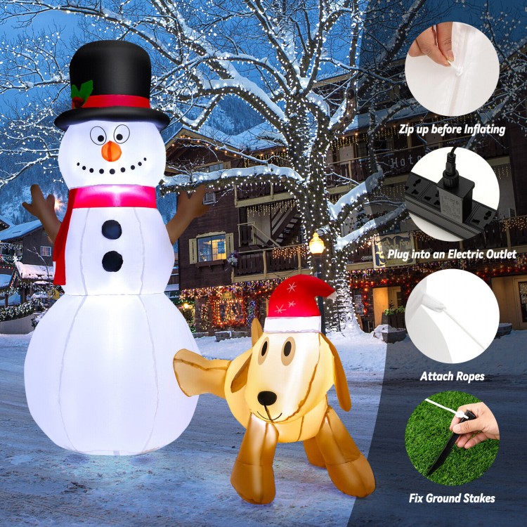 Adorable inflatable snowman and dog set, featuring built-in LED lights and durable polyester for cheerful holiday.