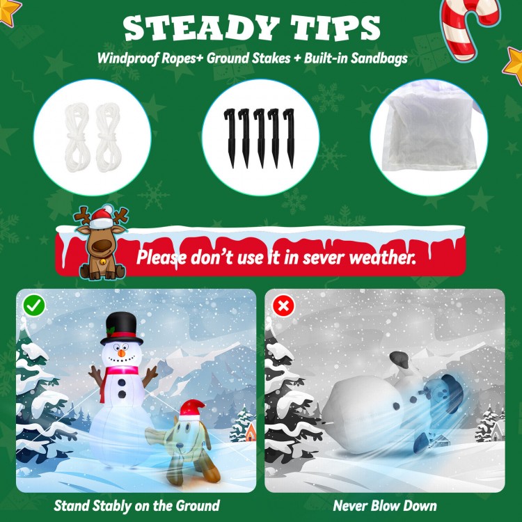 6-foot inflatable snowman and dog set with LED lights, made of waterproof polyester, perfect for outdoor holiday decor.