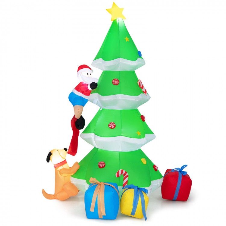 Inflatable 7-foot Christmas tree with Santa and dog, featuring LED lights and colorful presents for festive outdoor.